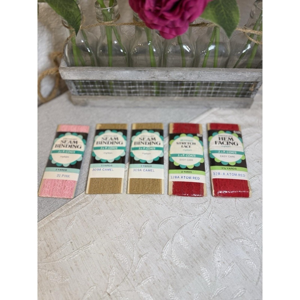 Vtg J&P Coats Stretch Lace Bundle - 5 Packs Seam Binding & Hem Facing - Red/Pink